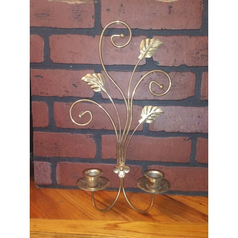 Vtg Homco Brass Sconce candle holder double Leaf & Scroll w/patina Gold tone EUC